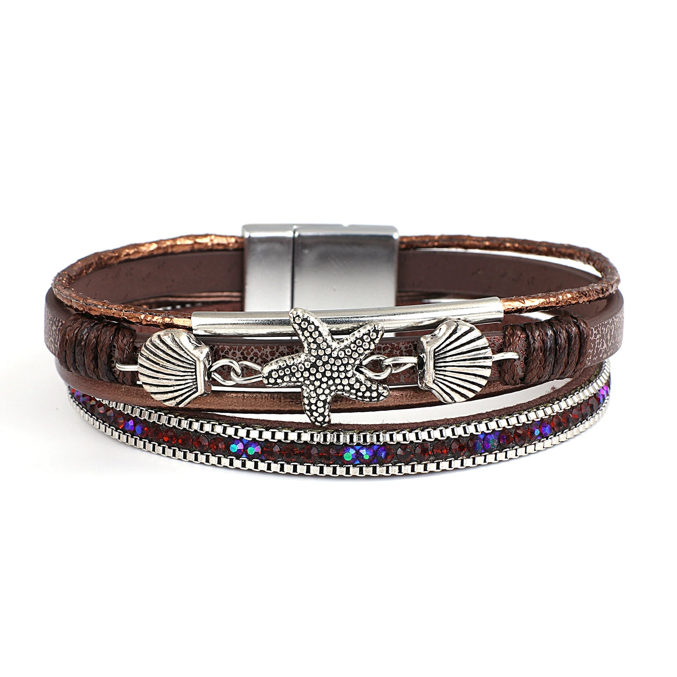 Starfish Shell and Crystal Bead Leather Boho Bracelet