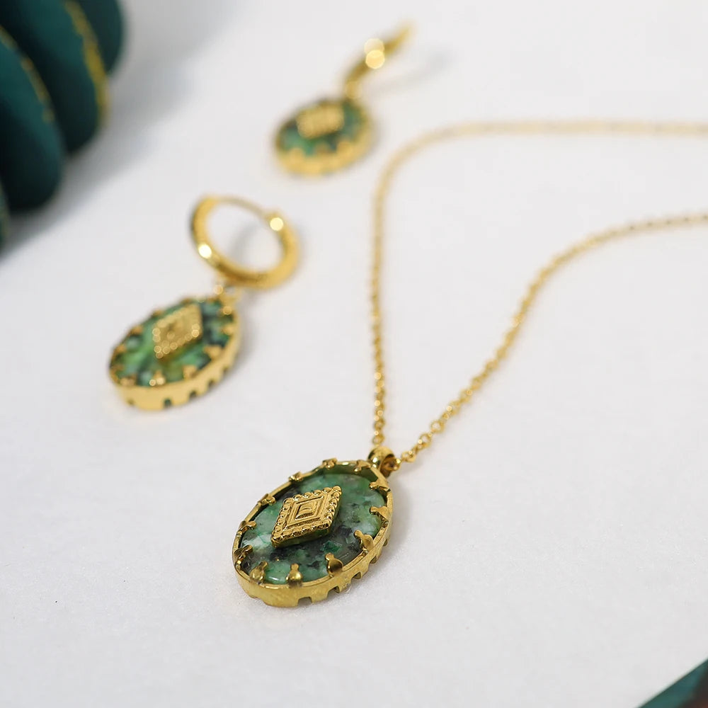 WILD & FREE Vintage Natural Stone Pendant Necklace for Women Luxury African Turquoise Drop Earrings Trendy Jewelry Set Gifts