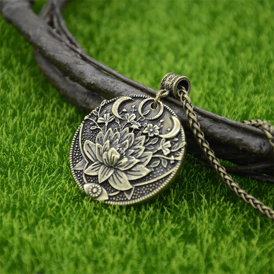 Wiccan Sun Moon Star Mandala Lotus Amulet Necklace, Sacred Witchy Talisman