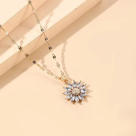 Gold Flower Zirconia Pendant Necklace, Titanium Steel Luxury Chain