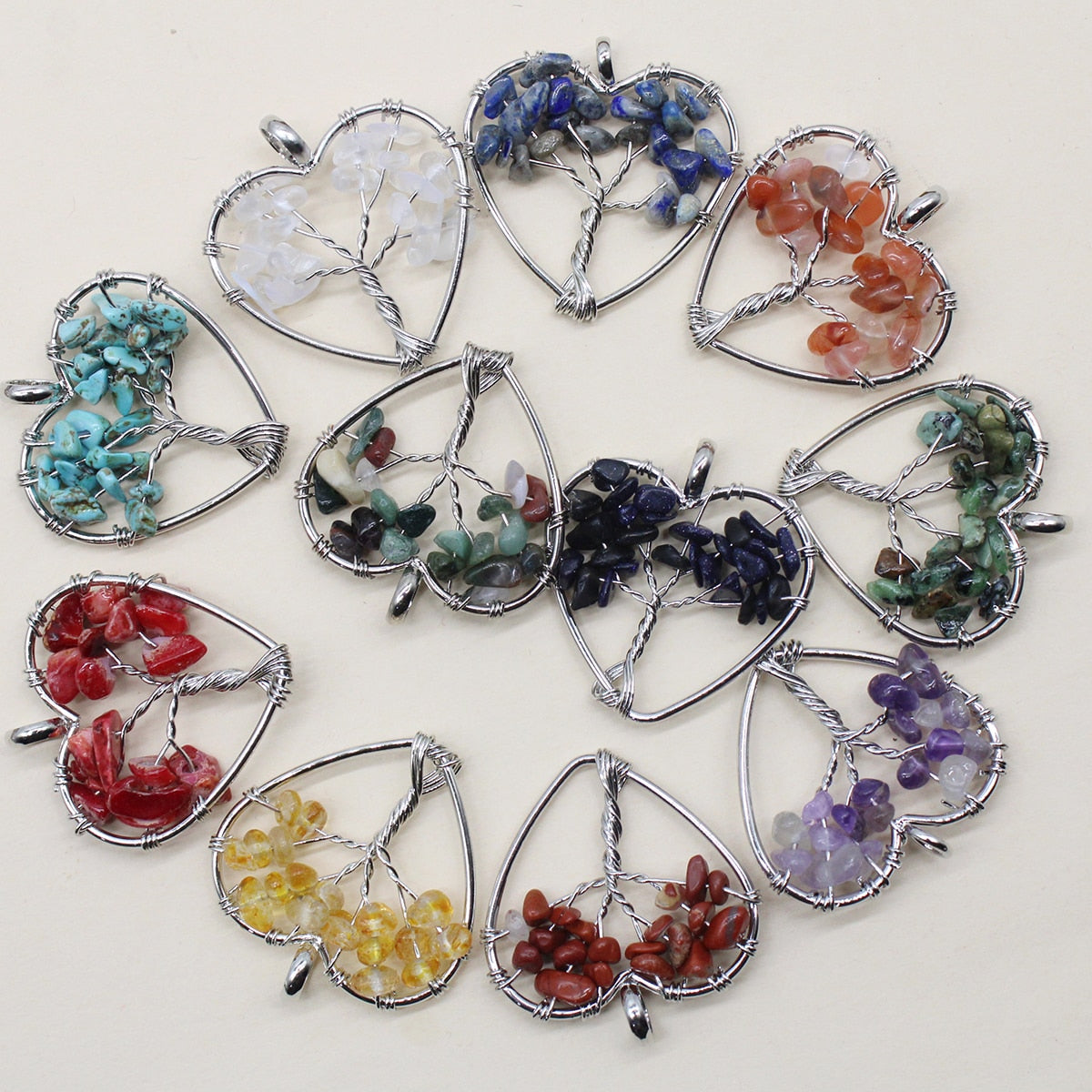 7 Chakra Natural Stone Tree of Life Pendant Necklace Handmade Heart Quartz Crystal Pendant DIY Accessories 10Pcs Wholesale - Charlie Dolly