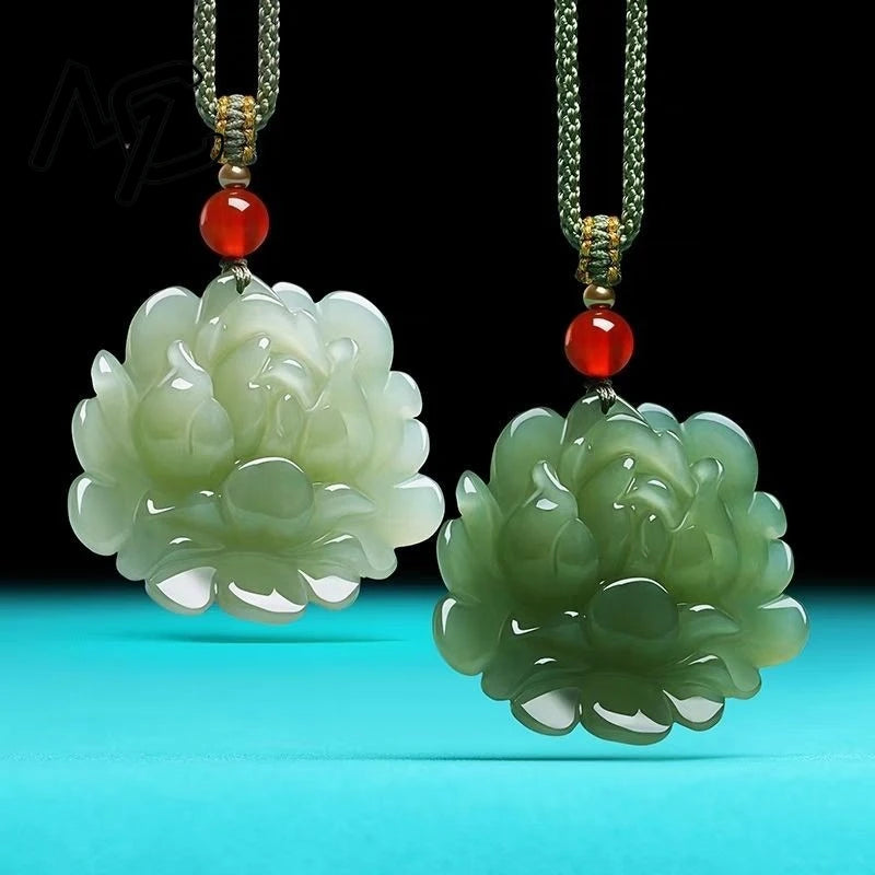 New Hotan Jade Lotus Flower Pendant Charm Jadeite Green Stone Natural Emerald Necklace Gift Women Men Talismans Necklace Jewelry