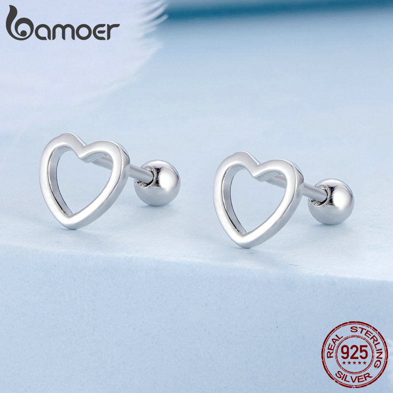 Bamoer 925 Sterling Silver Hollow Heart Stud Earrings Minimalist Silver Earrings for Women Engagement Anniversary Jewelry BSE717 - Charlie Dolly