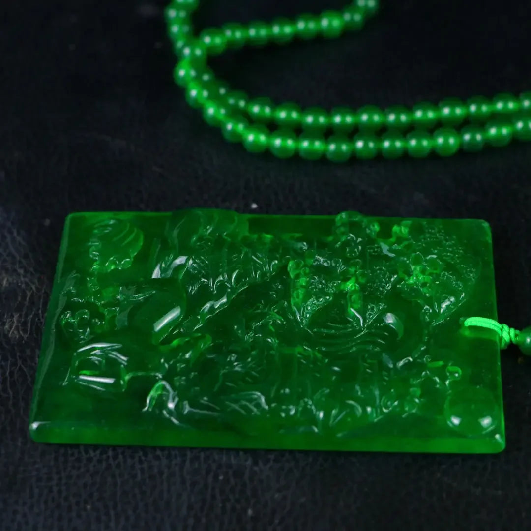 Myanmar ice species full green jadeite carving landscape landscape brand pendant