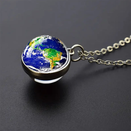Double-Sided Galaxy Planet Glass Ball Pendant Necklace, Sun Moon Mars Cosmic Talisman