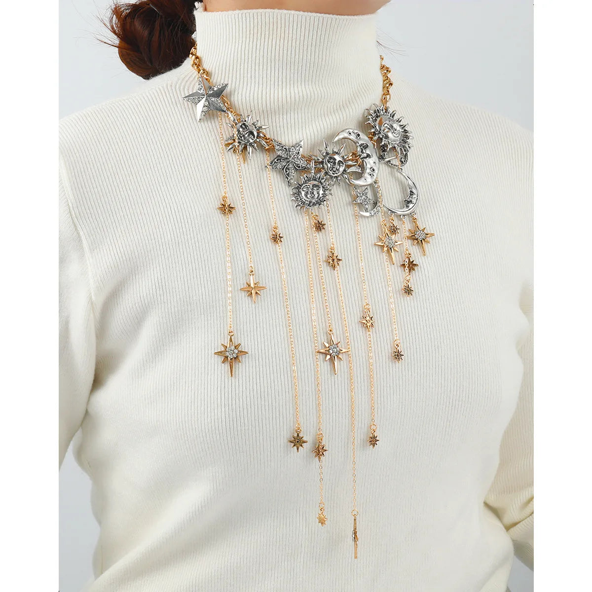 Exaggerated Multi-layered Tassel Pendant Necklace with Moon, Star, Sun, and Full Diamond Design for Women in Boho Style
