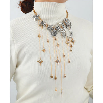 Exaggerated Multi-layered Tassel Pendant Necklace with Moon, Star, Sun, and Full Diamond Design for Women in Boho Style