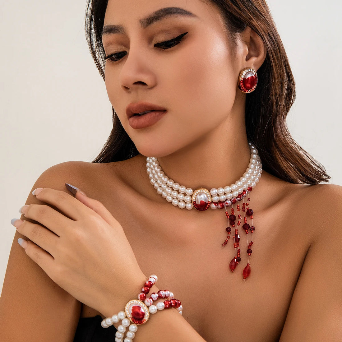 Goth Creative Red Blood Pattern Imitation Pearl Chain Necklace for Women Punk Long Tassel Beads Pendant Halloween Wed Jewelry - Charlie Dolly