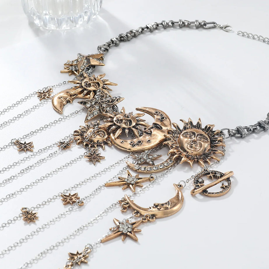 Moon, Star and Sun Exaggerated Tassel Boho Pendant Necklace