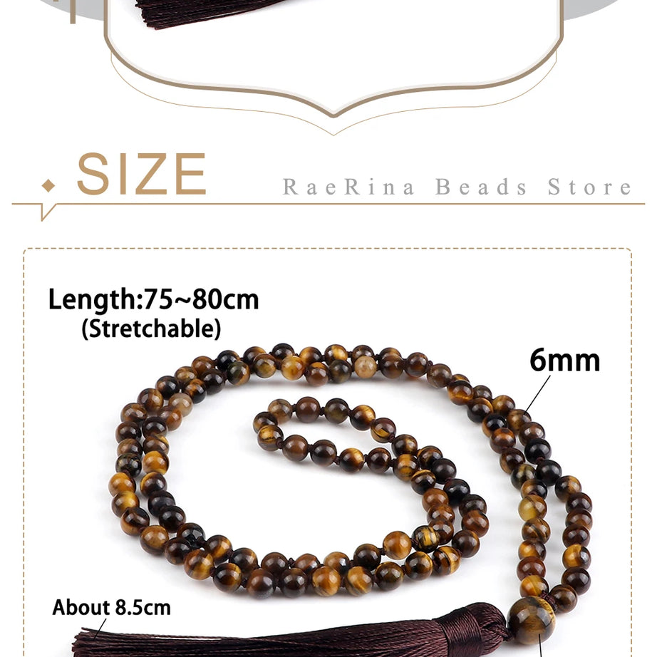 Men Natural Malachite Stones Necklaces Boho 108 Tiger Eye Beads Handmade Necklace with Tassel Yoga Medit Jewelry Gifts For Women - Charlie Dolly