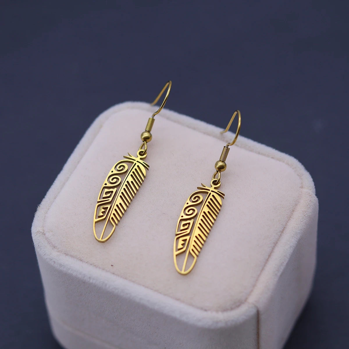 Kinitial Vintage Trendy Feather Drop Earrings For Women Stainless Steel Dangle Earrings Fashion Jewelry Boho Accessories
