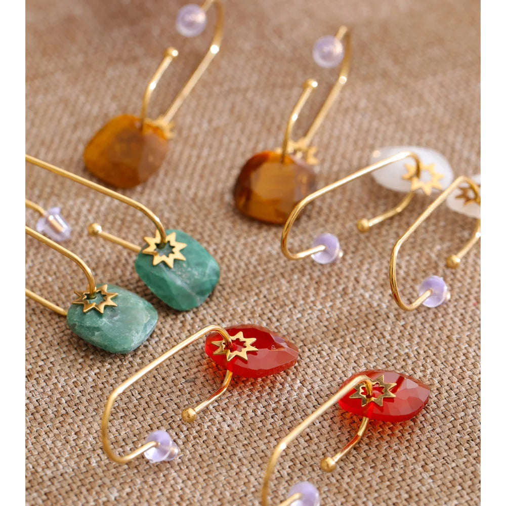 Yhpup Stainless Steel Natural Tiger Agate Stone Square Drop Earrings 14K Gold PVD Plated Chic French Fashion Waterproof Jewelry