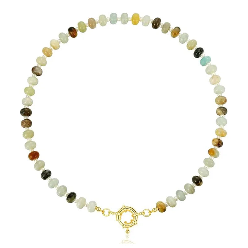 Colorful Boho Natural Stone Surfer Beach Choker 6mm Beaded Gemstone Necklace for Women 14K Gold Plated Handmade Jewelry