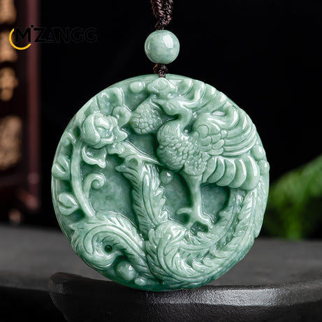 Myanmar Jadeite Phoenix & Peony Double-Sided Carved Pendant Necklace, Luxury Amulet