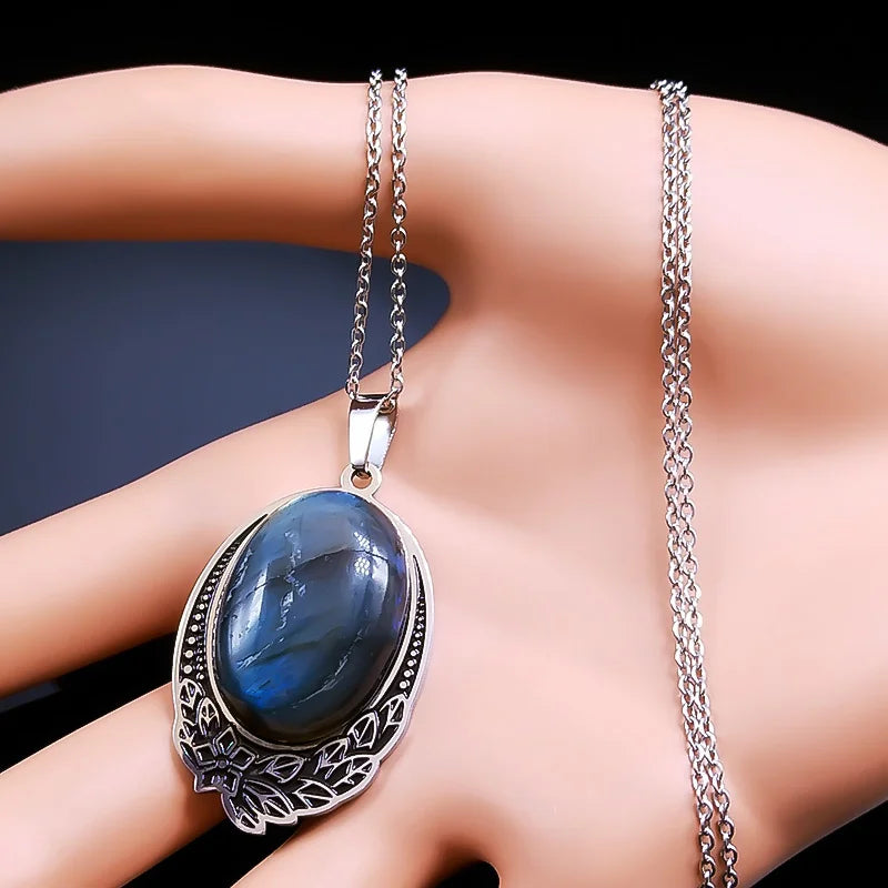 Boho Vintage Natural Labradorite Stone Necklace Women Stainless Steel Bohemia Necklaces Divination Spiritual Meditation Jewelry