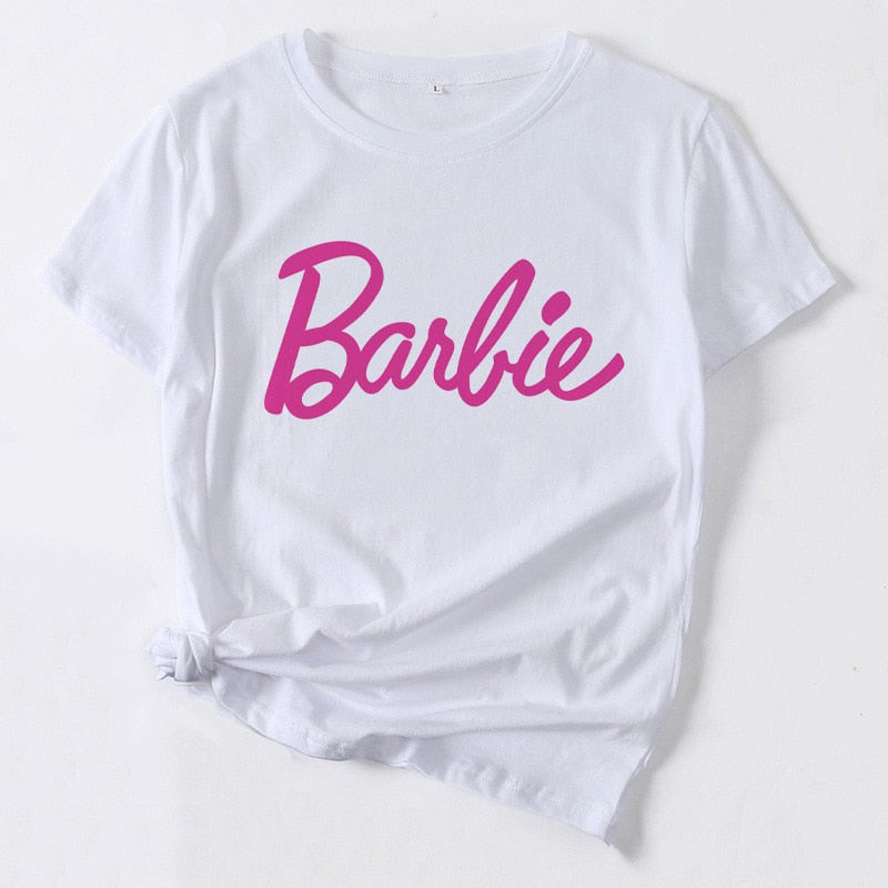 Kawaii Barbie Short Sleeve Summer Anime Cartoon Boys Girls Soft Round Neck T Shirts Oversized Fashion Y2K White Tees Tops Gifts