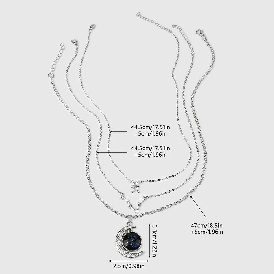 Zodiac Moon Glow Pendant Necklace Set of 3 with Birthstone Cards, Bestie & BFF Gift