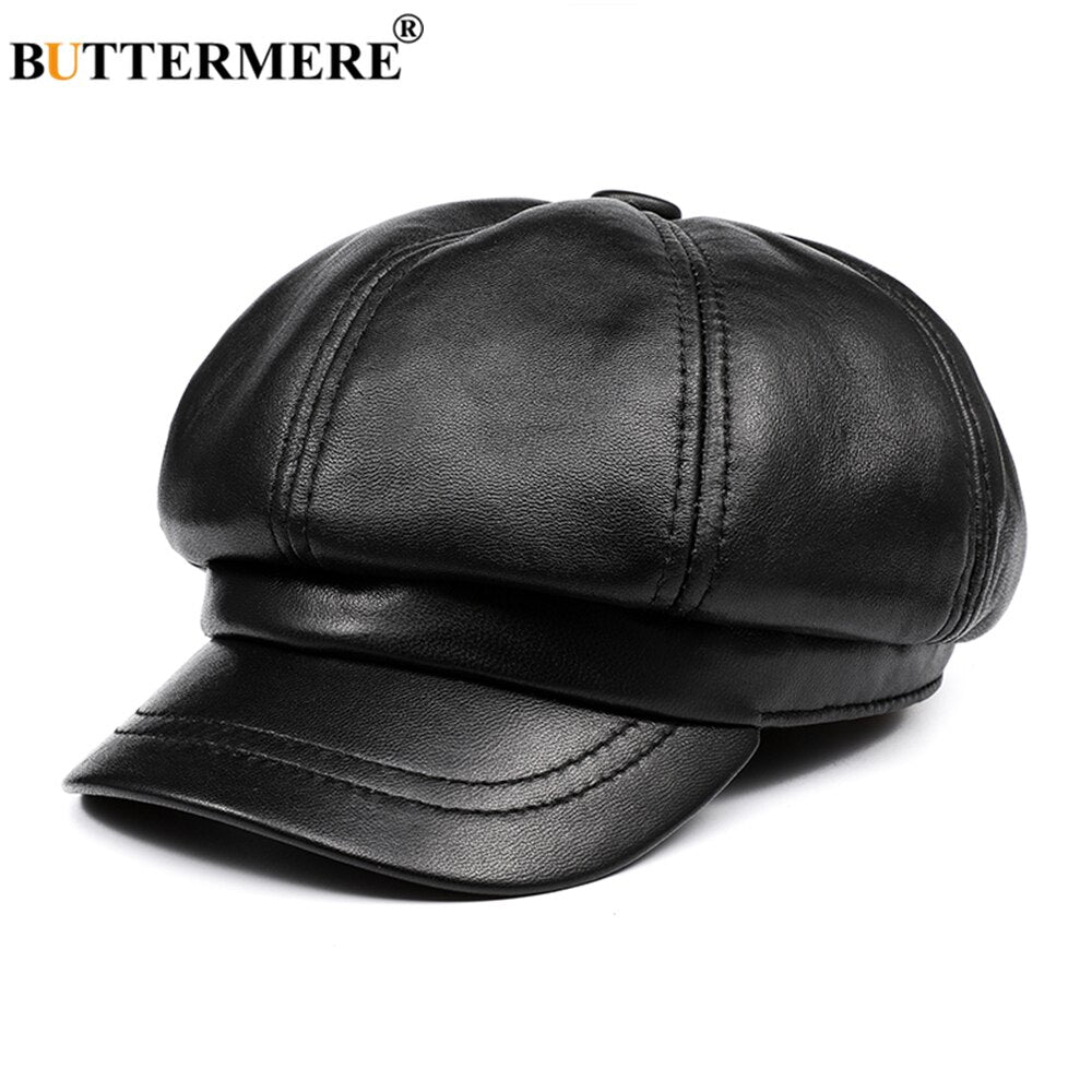 BUTTERMERE Genuine Leather Vintage Hat Women Newsboy Cap Pink Baker Boy Cap High Quality Brand Ladies Winter Octagonal Cap - Charlie Dolly