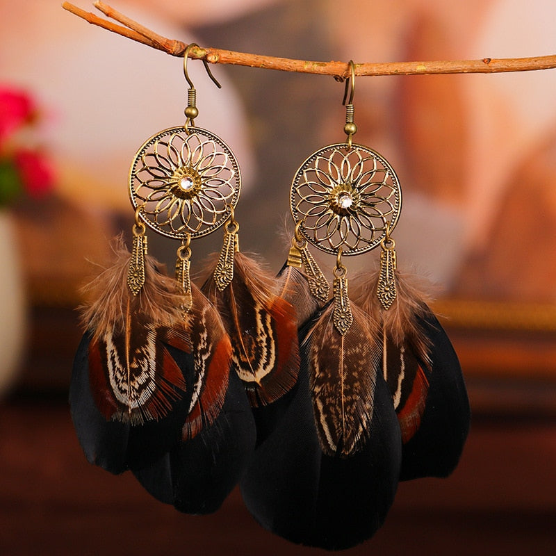 Bohemian Ethnic Round Green Rice Bead Feather Earrings for Women Retro Simple Temperament Dangle Earrings Party Wedding Jewelry - Charlie Dolly