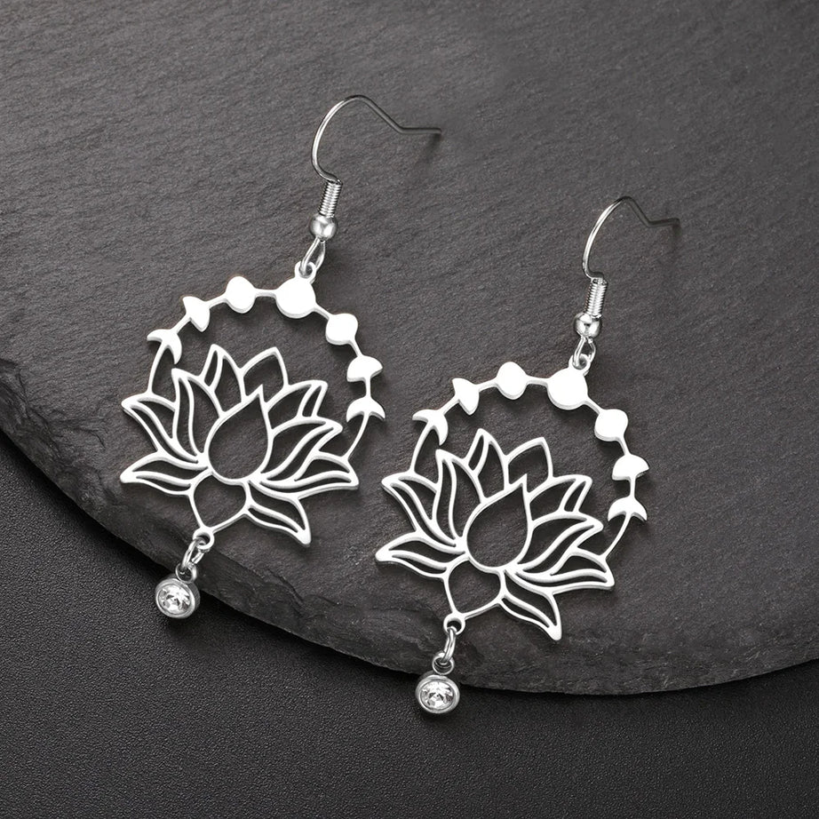 Moon Phase Lotus Dangle Earrings