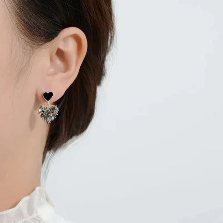 Gray Stone Heart Dangle Earrings, Carved Korean Style Evening Boho Jewelry