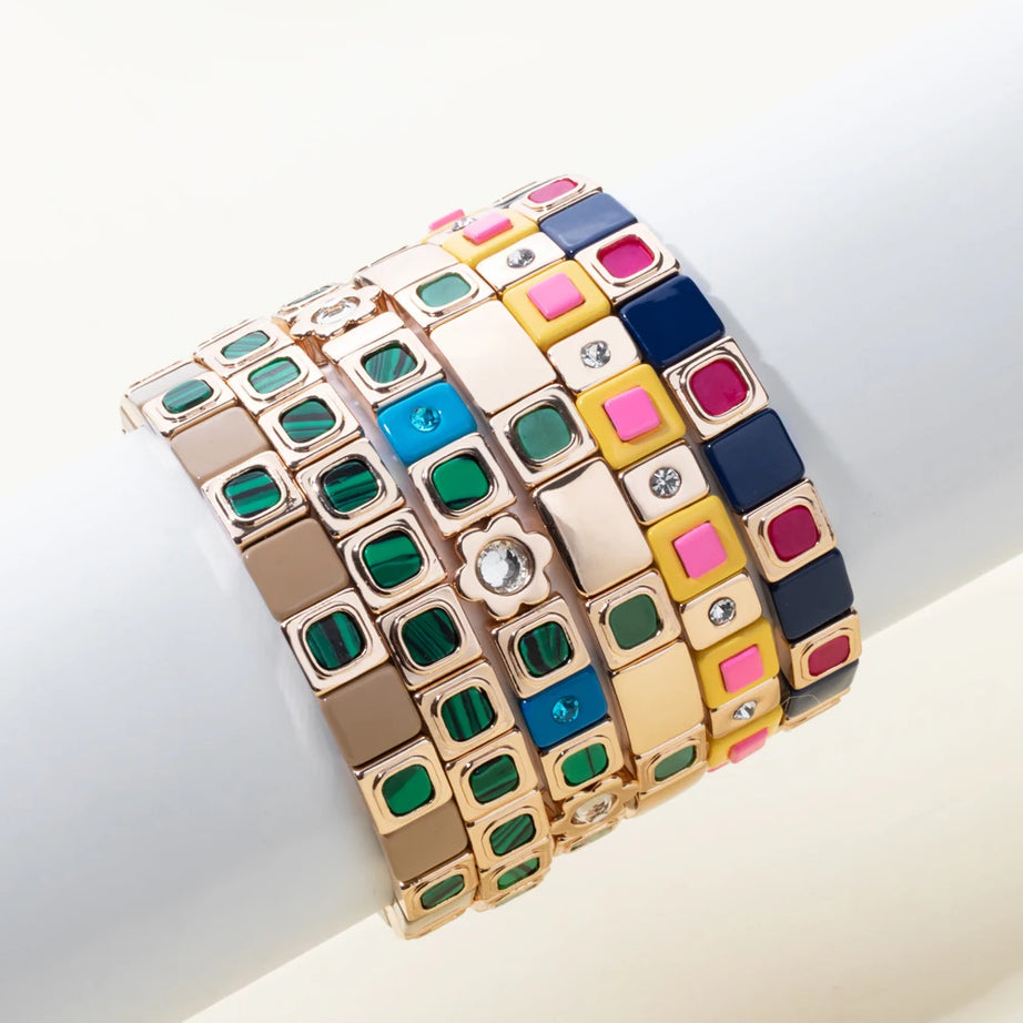 2023 New Design 8x8mm Inlaid Nature Stone Bracelets For Women Gold Color Boho Elastic Bangle Handmade Inlaid Diamond Jewelry - Charlie Dolly