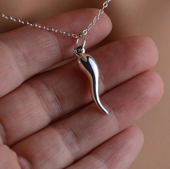 All Sterling Silver Italian Horn Necklace, unisex Dainty Minimalist Jewerly - Charlie Dolly
