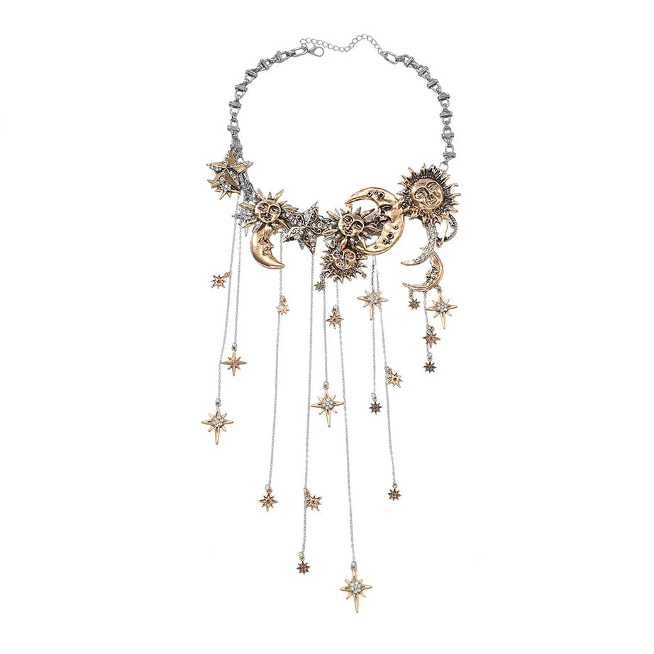 Moon, Star and Sun Exaggerated Tassel Boho Pendant Necklace