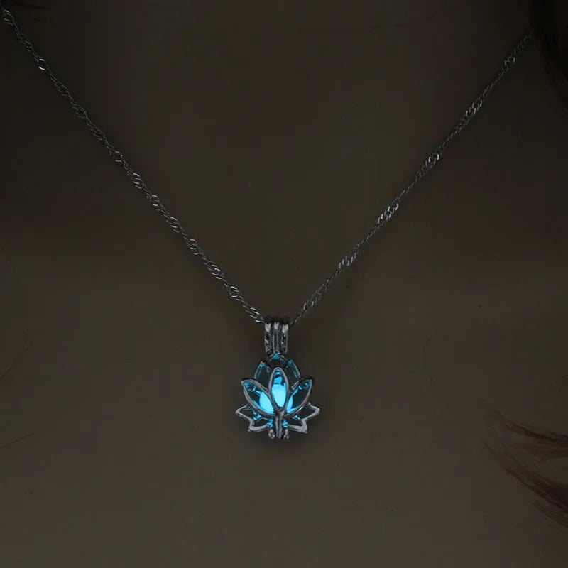 Luminous Exquisite Glowing in The Dark Minimalist Moon Lotus Flower Shaped Pendant Charm Necklace Women Hip Hop Punk Jewelry