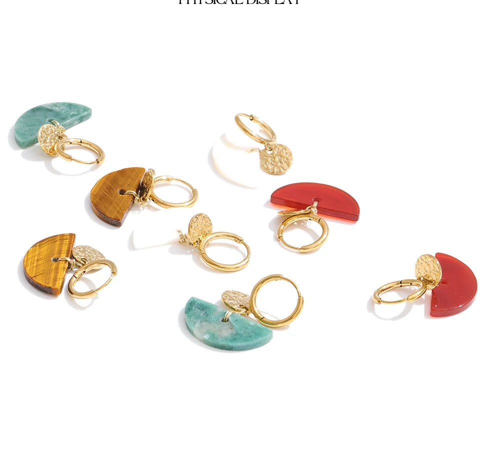 Yhpup Stainless Steel Fan French Drop Hoop Earrings High Quality Natural Tiger Agate Stone 2026 New Arrivals Daily Jewelry Gift