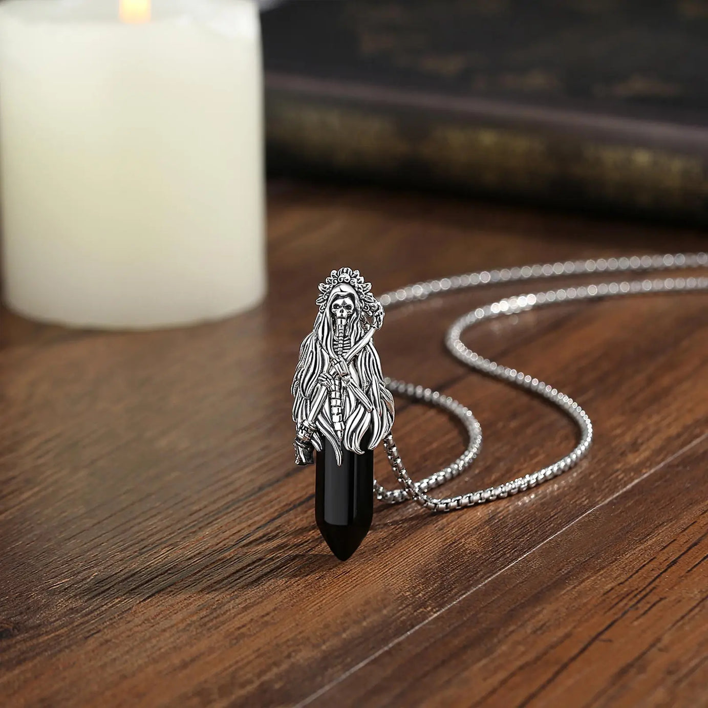 Natural Obsidian Santa Muerte Pendant Necklace, Holy Death Healing Crystal Devotional Amulet
