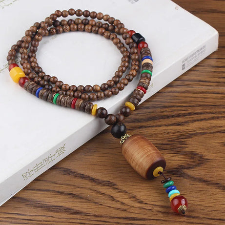 Wood Bead Bodhi Pendant Sweater Chain Necklace Jewelry