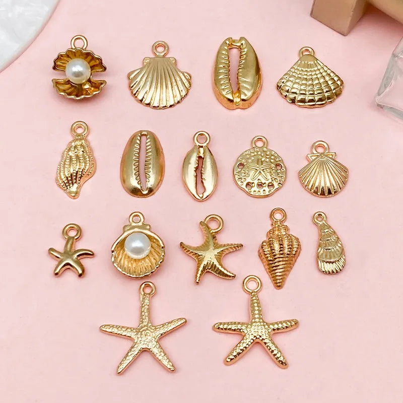 New 16pcs Gold Color Ocean Shell Conch Starfish Charms for Jewelry Making Necklace Key Chain Phone Chain DIY Materials Colorfast