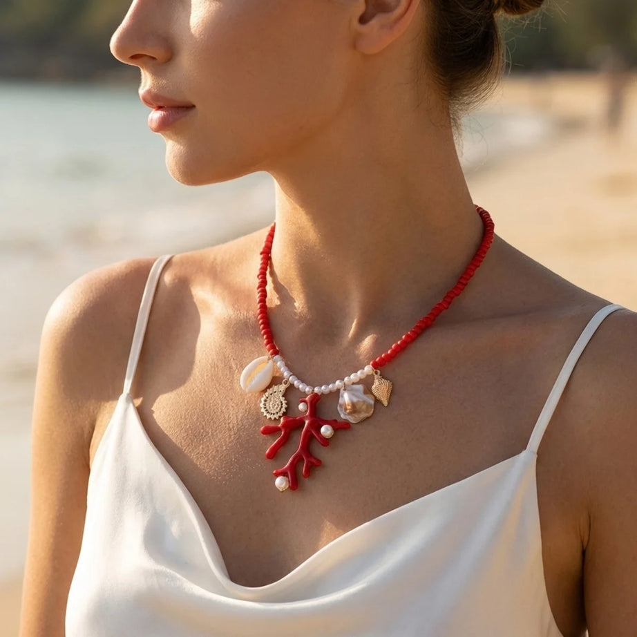 Coral, Rice Bead and Shell Boho Necklace, Earring or Ring