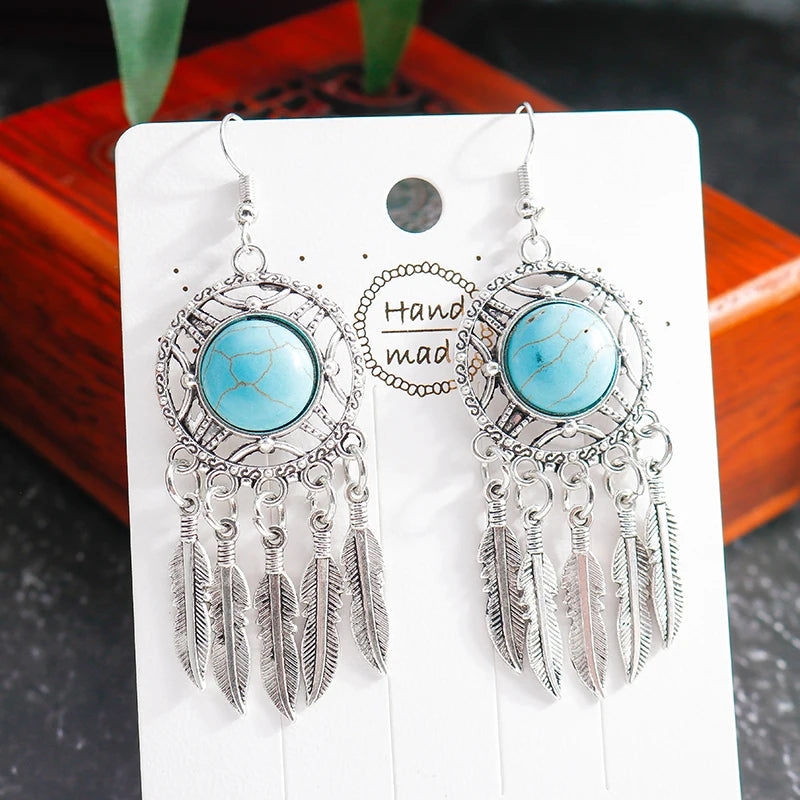 Boho Vintage Turquoise Water Drop Stud Earrings for Women Star Heart Flower Tribe Earring Statement Valentine Day Gift Jewelry