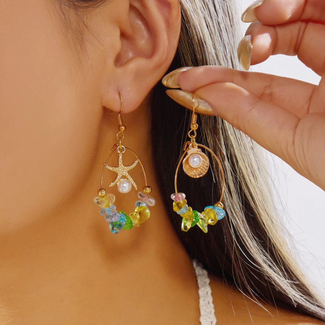 Y2K Starfish, Shell and Irregular Stone Hoop Earrings