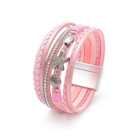 Starfish Shell Braided Leather Cuff Bracelet