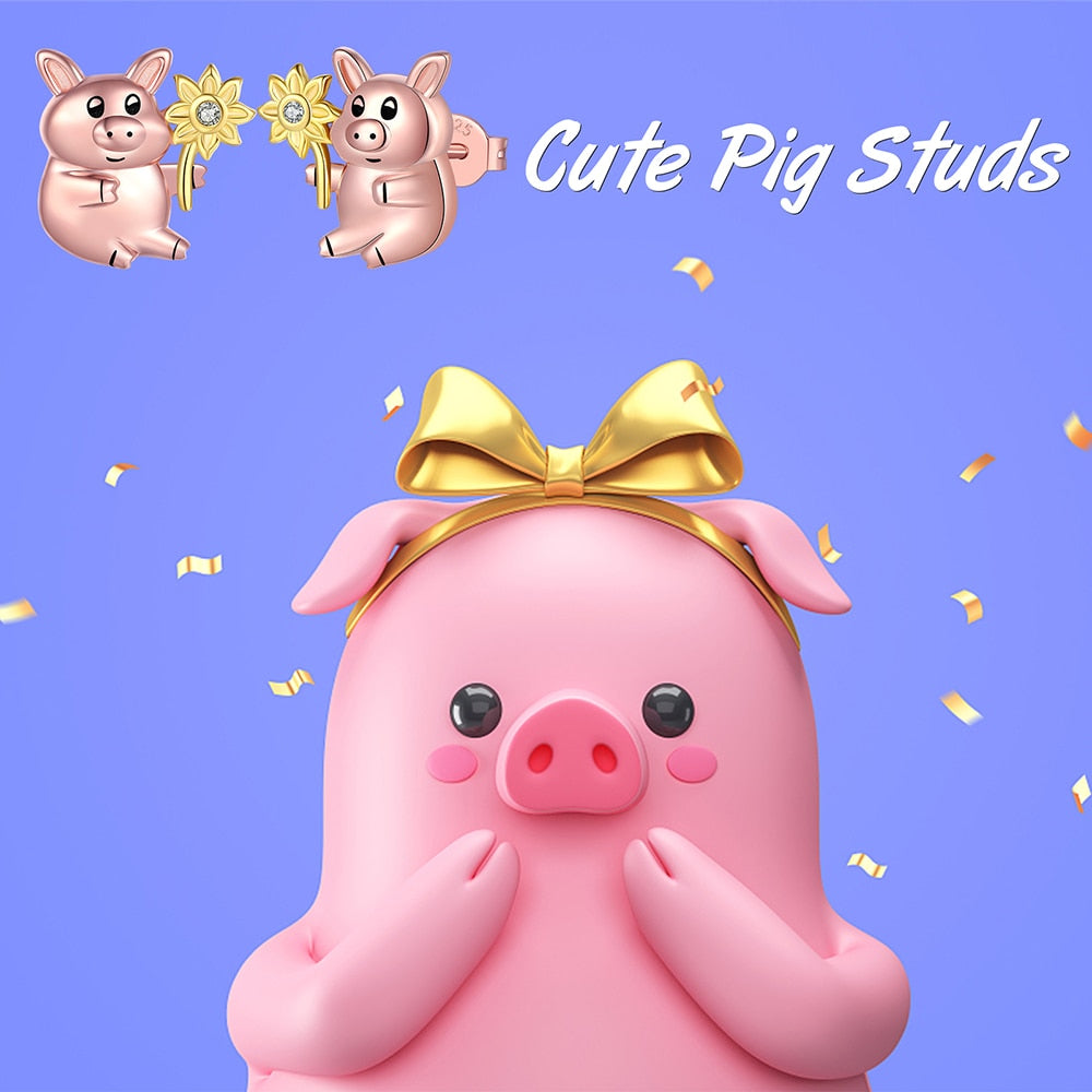 925 Sterling Silver Sunflower Pig Stud Earrings Fashion Cute Animal Jewelry Birthday Gifts For Women Daughter Girls Girlfriend - Charlie Dolly