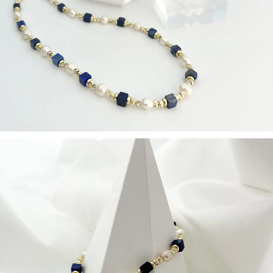 Natural Freshwater Pearl Necklace 4X4 lapis lazuli Bracelet Earring Plated 14K Gold Accessories - Charlie Dolly