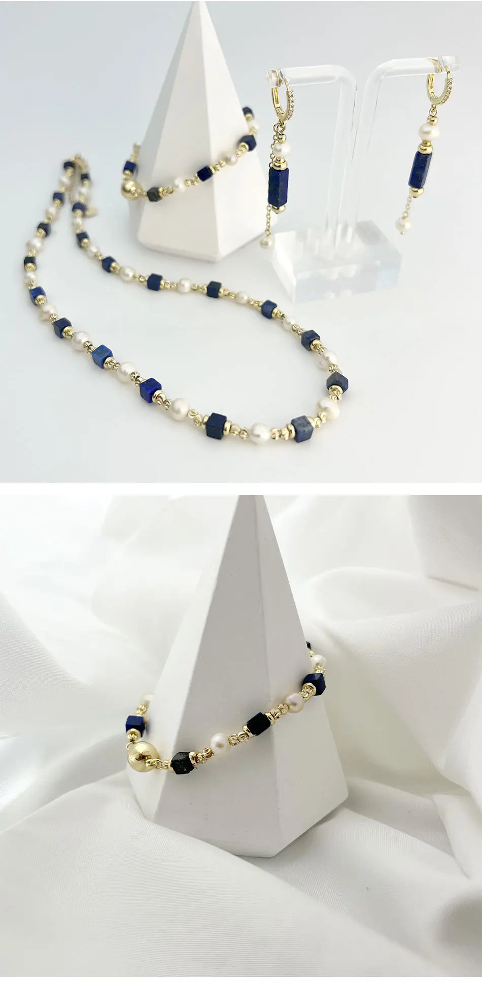 Natural Freshwater Pearl Necklace 4X4 lapis lazuli Bracelet Earring Plated 14K Gold Accessories