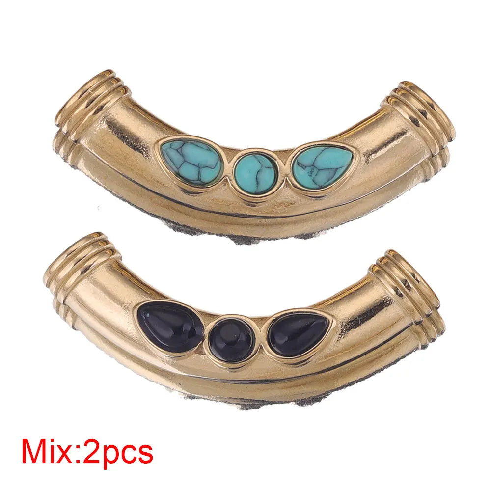 2pcs Stainless Steel Natural Stone Boho Plated Gold Tube Beads Charms Pendant DIY Bracelet Necklace Jewelry Making Metal