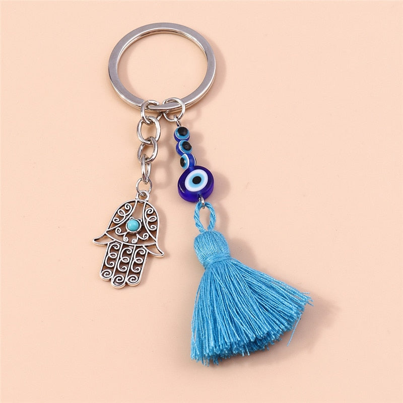 1Pc Bohemia Evil Eye Hamsa Hand Keychain for Women Men Blue Eye Sun Feather Key Ring Bag Pendant Car Key Holder Rings Wholesale - Charlie Dolly