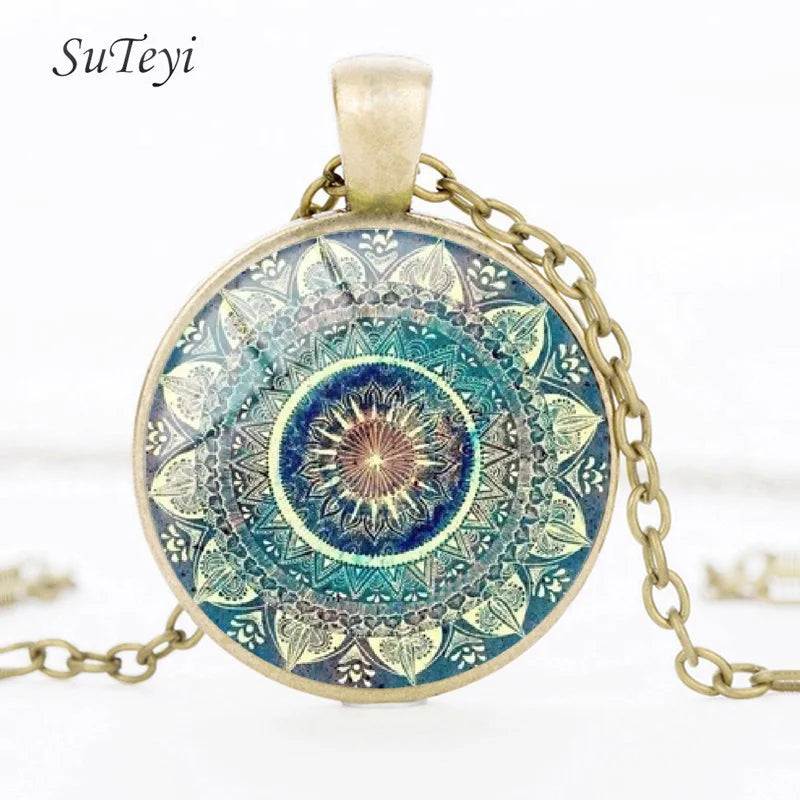 Vintage Green Mandala Earrings Retro Sacred Geometry Lotus Glass Pendant Earrings For Women Men Boho Jewelry