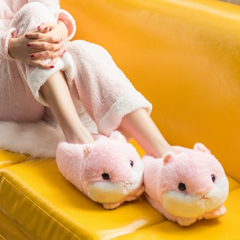 Cute Cartoon Hamster Design House Women Fur Slippers Gray Pink Brown Winter Warm Ladies Plush Shoes Onesize Fluffy Girls Slides