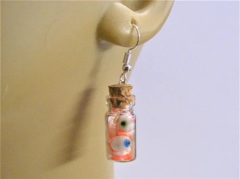 Halloween earrings Eyeballs in a Bottle Earrings Miniature Bottle Eyeball earrings Bottle of Eyes Halloween Jewelry - Charlie Dolly