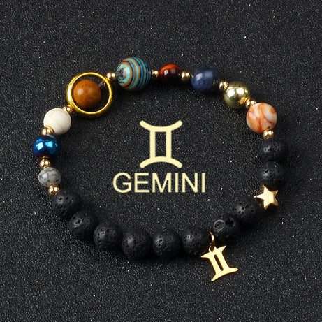 Eight Planets & Twelve Zodiac Beaded Bracelet, Natural Stone Cosmic Astrology Talisman