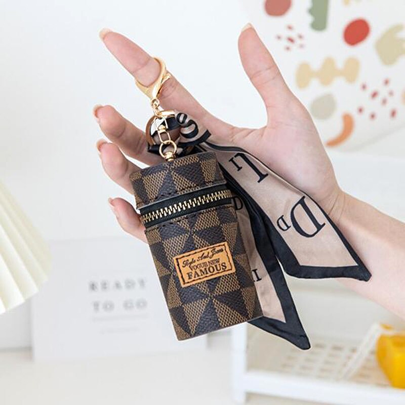 Exquisite Cylindrical Keychain Earphones Lipstick Bag Pendant for Women Leather Coin Purse Key Wallet Fashion Silk Scarf Keyring - Charlie Dolly