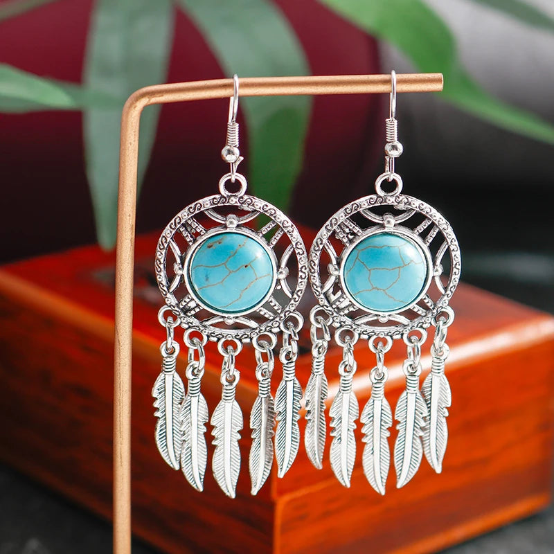 Boho Vintage Turquoise Water Drop Stud Earrings for Women Star Heart Flower Tribe Earring Statement Valentine Day Gift Jewelry
