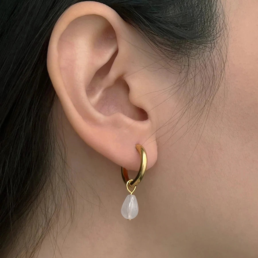 Vintage Transparent Green Natural Stones Teardrop Dangle Earrings for Women Simple Stainless Steel 18K Gold Plated Hoops Huggies