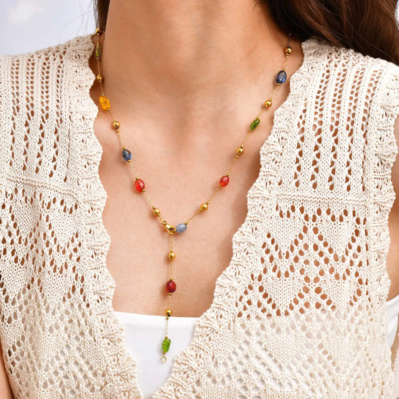 Rainbow Gemstone Y-Chain Boho Necklace & Bracelet